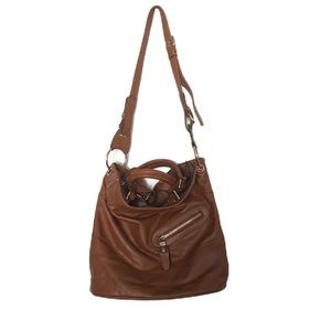 Caramel Brown Faux Leather Bag with front pocket zip, multiple interior pockets
